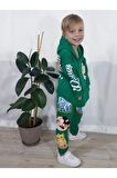 Mickey Mouse Çizgi Karakterli Yeşil Kapüşonlu Erkek Çocuk Eşofman Pijama Alt Üst Takımı