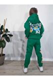 Mickey Mouse Çizgi Karakterli Yeşil Kapüşonlu Erkek Çocuk Eşofman Pijama Alt Üst Takımı