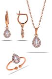 Kuvars Taşlı Damla Mini Rose Gümüş Set 2301