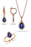 Safir Taşlı Damla Mini Rose Gümüş Set 2304