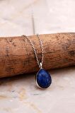 Doğal Lapis Lazuli Taşlı Damla Mini Rodyumlu Gümüş Kolye 7739