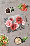 Kırmızı & Pembe Gül Cam Kesme Tahtası - Cam Kesme Tablası | 30 Cm X 40 Cm