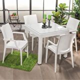 Rattan Small Lüx Camlı Beyaz Masa Takımı Bahçe&balkon 1 Camlı Masa + 4 Sandalye