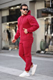 Erkek Bordo 3 İplik Şardonlu Alt Üst Spor Eşofman Takımı İçi Polar Oversize Beden Lastikli Paça