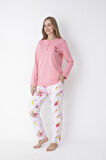 Pembe Çiçek Desenli Uzun Kollu Pijama Takımı