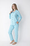 Turkuaz Çiçek Desenli Gömlek Pantolon Pijama Takımı