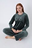 Kadife Yazı Detaylı Pijama Takımı