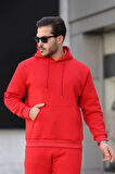 Erkek Üç İplik Şardonlu İçi Polar Baskısız Kapüşonlu Kanguru Cep Sweatshirt Basic Hoodie