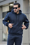 Erkek Üç İplik Şardonlu İçi Polar Baskısız Kapüşonlu Kanguru Cep Sweatshirt Basic Hoodie
