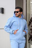 Erkek Üç İplik Şardonlu İçi Polar Baskısız Kapüşonlu Kanguru Cep Sweatshirt Basic Hoodie