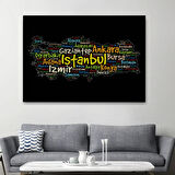 Siyah Zeminde İl İsimleri Tema Renkli Türkiye Haritası Dekoratif Kanvas Tablo, Duvar Dekoru 1005