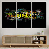 Siyah Zeminde İl İsimleri Tema Renkli Türkiye Haritası Dekoratif Kanvas Tablo, Duvar Dekoru 1005