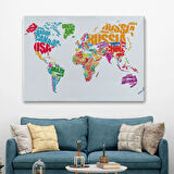 İngilizce Ülke İsimli Dünya Haritası Renkli Dekoratif Kanvas Tablo, Duvar Dekoru 1011