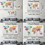 İngilizce Ülke İsimli Dünya Haritası Renkli Dekoratif Kanvas Tablo, Duvar Dekoru 1011