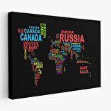 Siyah Zemin İngilizce Ülke İsimli Dünya Haritası Dekoratif Kanvas Tablo, Duvar Dekoru 1015