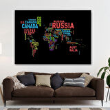 Siyah Zemin İngilizce Ülke İsimli Dünya Haritası Dekoratif Kanvas Tablo, Duvar Dekoru 1015