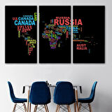 Siyah Zemin İngilizce Ülke İsimli Dünya Haritası Dekoratif Kanvas Tablo, Duvar Dekoru 1015