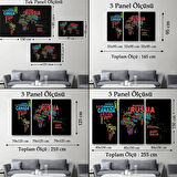 Siyah Zemin İngilizce Ülke İsimli Dünya Haritası Dekoratif Kanvas Tablo, Duvar Dekoru 1015