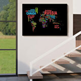 Siyah Zemin İngilizce Ülke İsimli Dünya Haritası Dekoratif Kanvas Tablo, Duvar Dekoru 1015