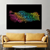 Siyah Zemin İller ve İlçeler Türkiye Haritası Renkli Dekoratif Kanvas Tablo, Duvar Dekoru 1016
