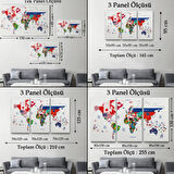 Bayrak Desenli Dünya Haritası İngilizce Dekoratif Kanvas Tablo, Duvar Dekoru 1043
