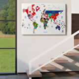 Bayrak Desenli Dünya Haritası İngilizce Dekoratif Kanvas Tablo, Duvar Dekoru 1043