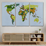Yeşil Tonlar İngilizce Dünya Haritası Dekoratif Kanvas Tablo, Duvar Dekoru 1049