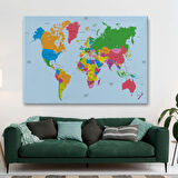 Beyaz Zemin İngilizce Dünya Haritası Renkli Dekoratif Kanvas Tablo, Duvar Dekoru 1050
