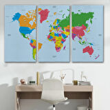 Beyaz Zemin İngilizce Dünya Haritası Renkli Dekoratif Kanvas Tablo, Duvar Dekoru 1050