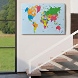 Beyaz Zemin İngilizce Dünya Haritası Renkli Dekoratif Kanvas Tablo, Duvar Dekoru 1050