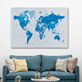 Mavi Tonlar İngilizce Dünya Haritası Dekoratif Kanvas Tablo, Duvar Dekoru 1051
