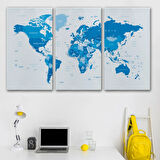 Mavi Tonlar İngilizce Dünya Haritası Dekoratif Kanvas Tablo, Duvar Dekoru 1051
