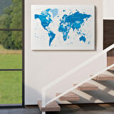 Mavi Tonlar İngilizce Dünya Haritası Dekoratif Kanvas Tablo, Duvar Dekoru 1051