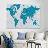 Mavi Tonlar İngilizce Dünya Haritası Dekoratif Kanvas Tablo, Duvar Dekoru 1052