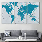 Mavi Tonlar İngilizce Dünya Haritası Dekoratif Kanvas Tablo, Duvar Dekoru 1052