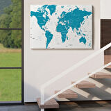 Mavi Tonlar İngilizce Dünya Haritası Dekoratif Kanvas Tablo, Duvar Dekoru 1052