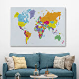 Beyaz Zemin İngilizce Dünya Haritası Renkli Dekoratif Kanvas Tablo, Duvar Dekoru 1055