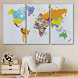 Beyaz Zemin İngilizce Dünya Haritası Renkli Dekoratif Kanvas Tablo, Duvar Dekoru 1055