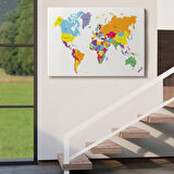 Beyaz Zemin İngilizce Dünya Haritası Renkli Dekoratif Kanvas Tablo, Duvar Dekoru 1055