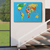 Mavi Zemin İngilizce Dünya Haritası Renkli Dekoratif Kanvas Tablo, Duvar Dekoru 1058