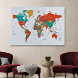 Beyaz Zemin İngilizce Dünya Haritası Renkli Dekoratif Kanvas Tablo, Duvar Dekoru 1063