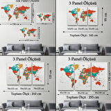 Beyaz Zemin İngilizce Dünya Haritası Renkli Dekoratif Kanvas Tablo, Duvar Dekoru 1063