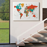 Beyaz Zemin İngilizce Dünya Haritası Renkli Dekoratif Kanvas Tablo, Duvar Dekoru 1063