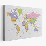 Soft Renkler İngilizce Dünya Haritası Renkli Dekoratif Kanvas Tablo, Duvar Dekoru 1064