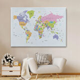 Soft Renkler İngilizce Dünya Haritası Renkli Dekoratif Kanvas Tablo, Duvar Dekoru 1064