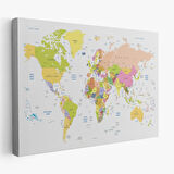 Beyaz Zemin Soft Renkler İngilizce Dünya Haritası Dekoratif Kanvas Tablo, Duvar Dekoru 1069
