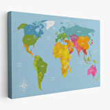 Pusulalı İngilizce Dünya Haritası Renkli Dekoratif Kanvas Tablo, Duvar Dekoru 1072