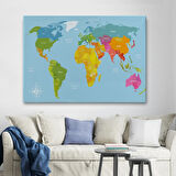 Pusulalı İngilizce Dünya Haritası Renkli Dekoratif Kanvas Tablo, Duvar Dekoru 1072
