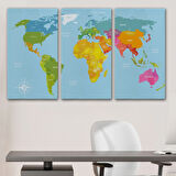Pusulalı İngilizce Dünya Haritası Renkli Dekoratif Kanvas Tablo, Duvar Dekoru 1072