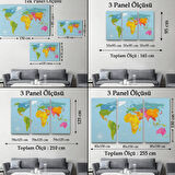 Pusulalı İngilizce Dünya Haritası Renkli Dekoratif Kanvas Tablo, Duvar Dekoru 1072